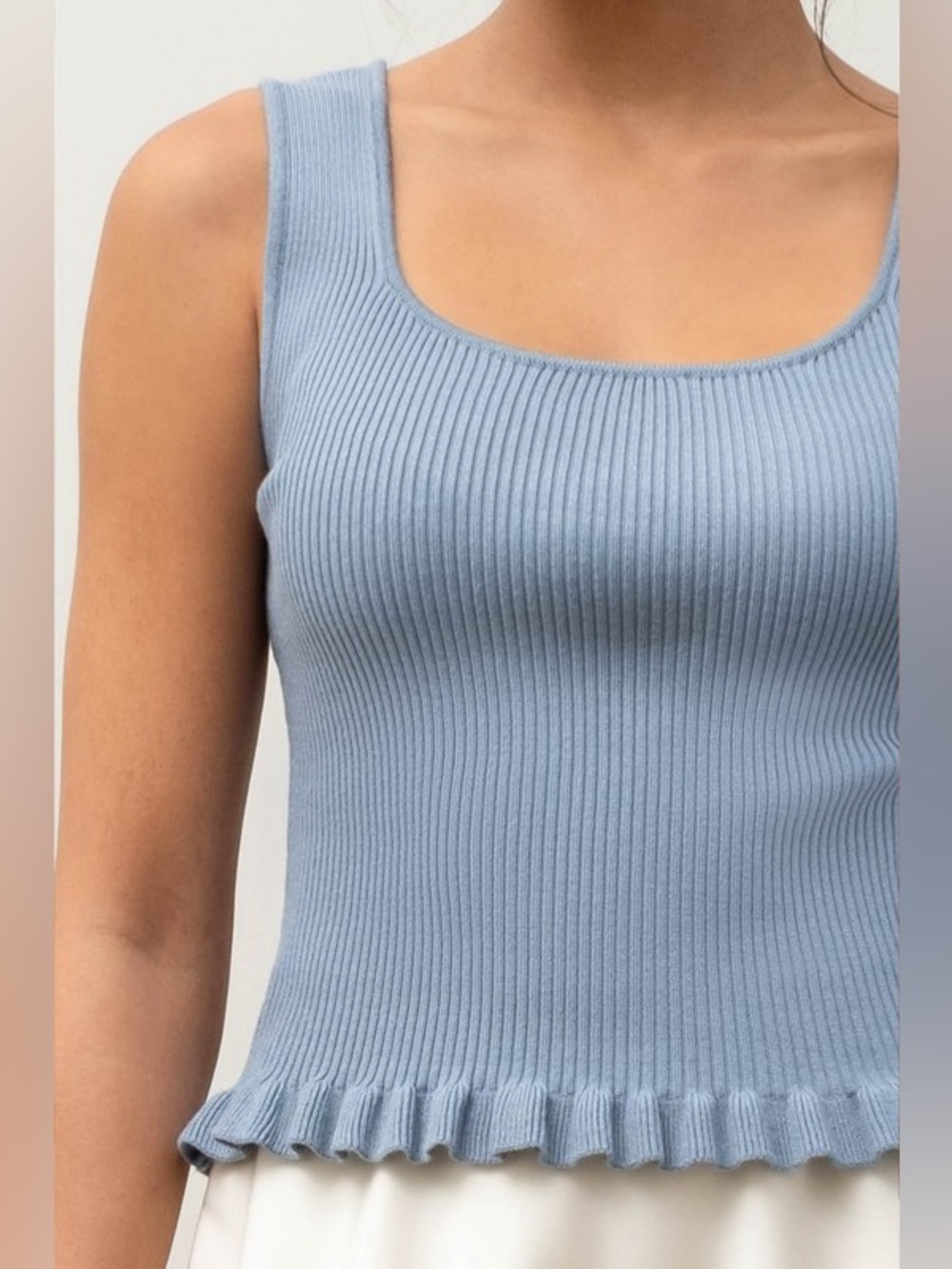 Ribbed Lettuce Hem Sweater Knit Tank Top – Dusty Blue L